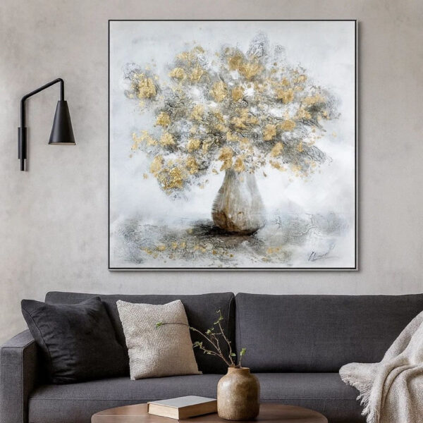 47 x 47 Modern Hand Painted Vase with Gold Foil Flowers and Silver Frame