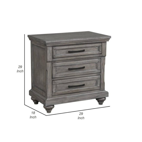Demi 29 Inch Wood Nighstand with 3 Drawers, Metal Bar Handles, Oak Gray