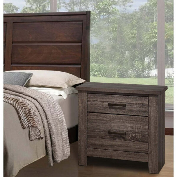 Soma 24 Inch Rustic 2 Drawer Nightstand, Sleek Metal Bar Handles, Oak Gray