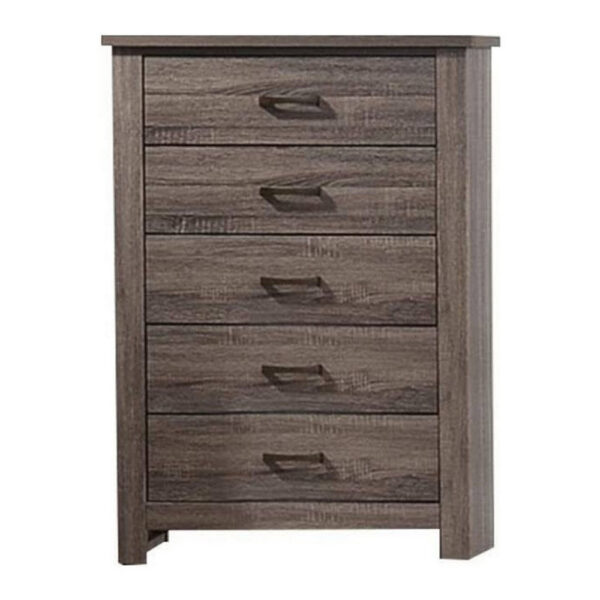 Soma 49 Inch Rustic 5 Drawer Tall Dresser Chest, Bar Handles, Oak Gray