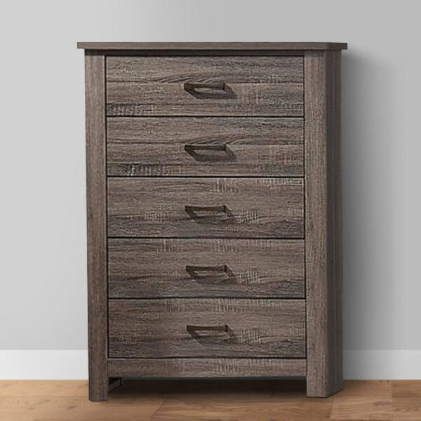 Soma 49 Inch Rustic 5 Drawer Tall Dresser Chest, Bar Handles, Oak Gray