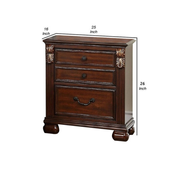 Miri 25 Inch 3 Drawer Nightstand, Brass Carved Accents, Cherry Oak Brown