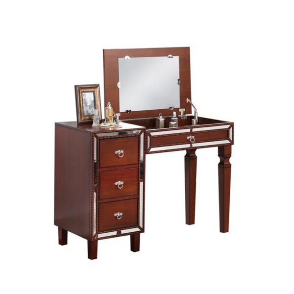 Sosi 47 Inch Vanity Desk Set with Stool, 3 Mirror Inlaid Drawers, Brown