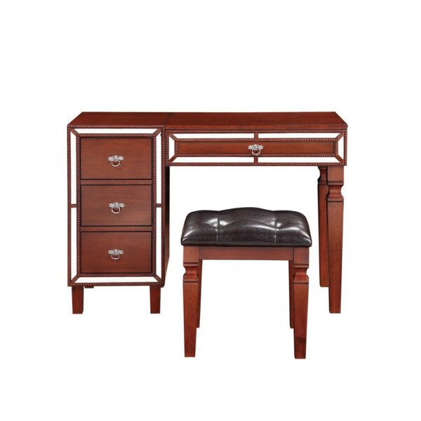 Sosi 47 Inch Vanity Desk Set with Stool, 3 Mirror Inlaid Drawers, Brown
