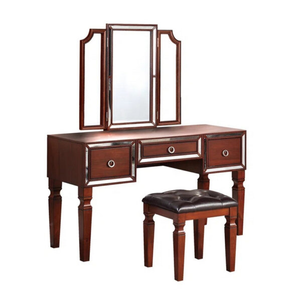 15022026699195ef88c3c.jpeg Thuy 60 Inch Vanity Desk Set, Upholstered Stool, Trifold Mirror, Brown