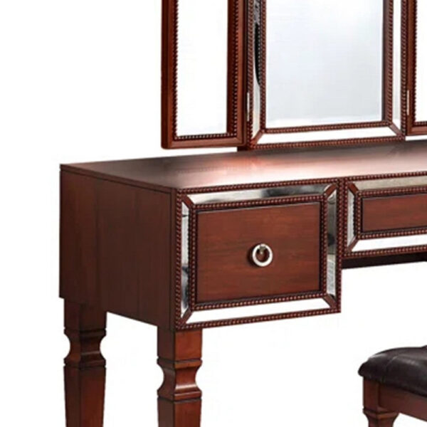 15022026699195f2532eb.jpeg Thuy 60 Inch Vanity Desk Set, Upholstered Stool, Trifold Mirror, Brown