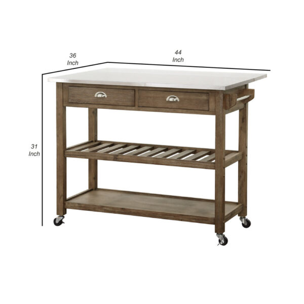 Amber 44 Inch Rolling Kitchen Island Bar Cart, Stainless Steel Top, Brown