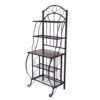 65 Inch 5 Tier Bakers Rack, Middle Wood Shelf, Carved Black Metal Frame