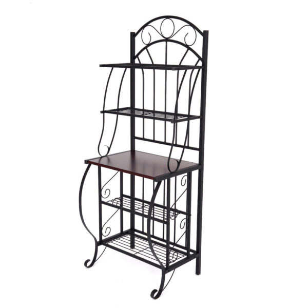 65 Inch 5 Tier Bakers Rack, Middle Wood Shelf, Carved Black Metal Frame