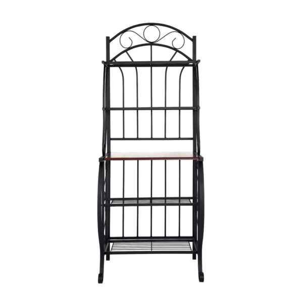 65 Inch 5 Tier Bakers Rack, Middle Wood Shelf, Carved Black Metal Frame