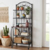 65 Inch 5 Tier Bakers Rack, Middle Wood Shelf, Carved Black Metal Frame