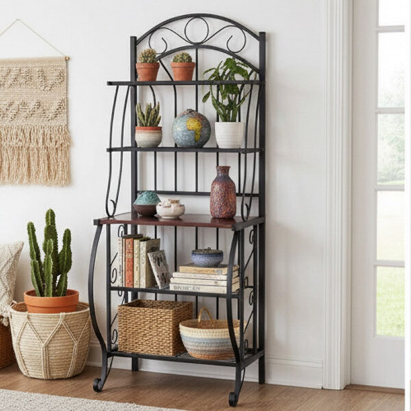 65 Inch 5 Tier Bakers Rack, Middle Wood Shelf, Carved Black Metal Frame