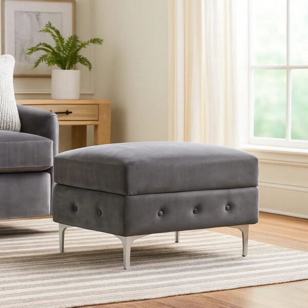 150220266991964e778ae.jpeg Anzo 32 Inch Square Ottoman, Button Tufting, Chrome Plated Steel Legs, Gray