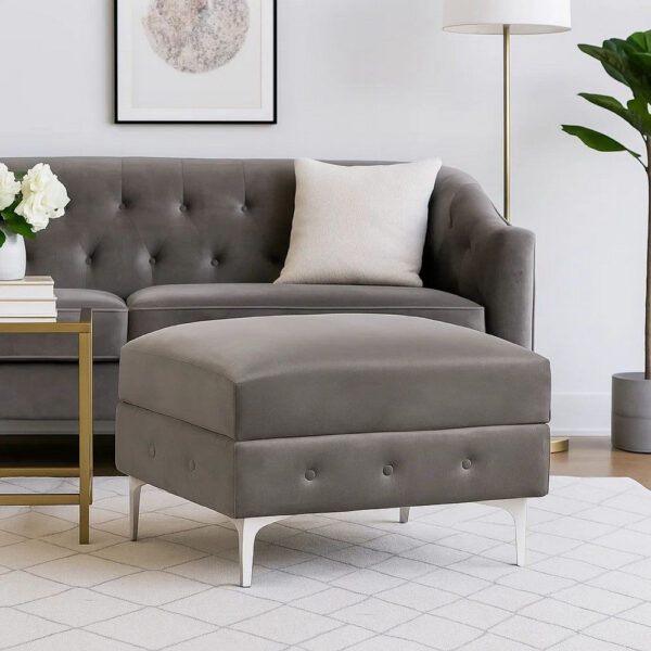 15022026699196501771c.jpeg Anzo 32 Inch Square Ottoman, Button Tufting, Chrome Plated Steel Legs, Gray