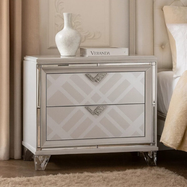 Beli 30 Inch Modern 2 Drawer Nightstand, Carved Acrylic Feet, Crisp White