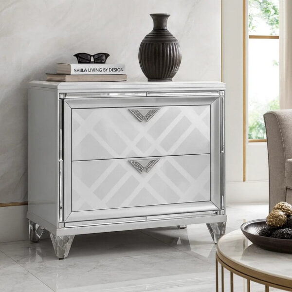 Beli 30 Inch Modern 2 Drawer Nightstand, Carved Acrylic Feet, Crisp White