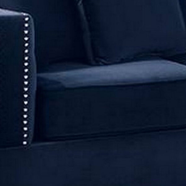 Mina 58 Inch One Arm Reversible Chaise, 2 Pillows, Nailhead Trim, Indigo