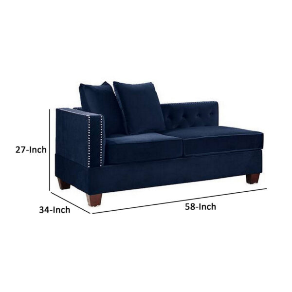 Mina 58 Inch One Arm Reversible Chaise, 2 Pillows, Nailhead Trim, Indigo