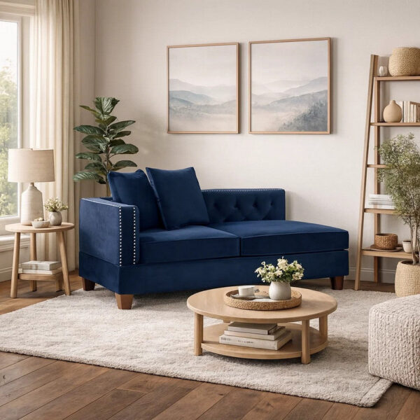 Mina 58 Inch One Arm Reversible Chaise, 2 Pillows, Nailhead Trim, Indigo