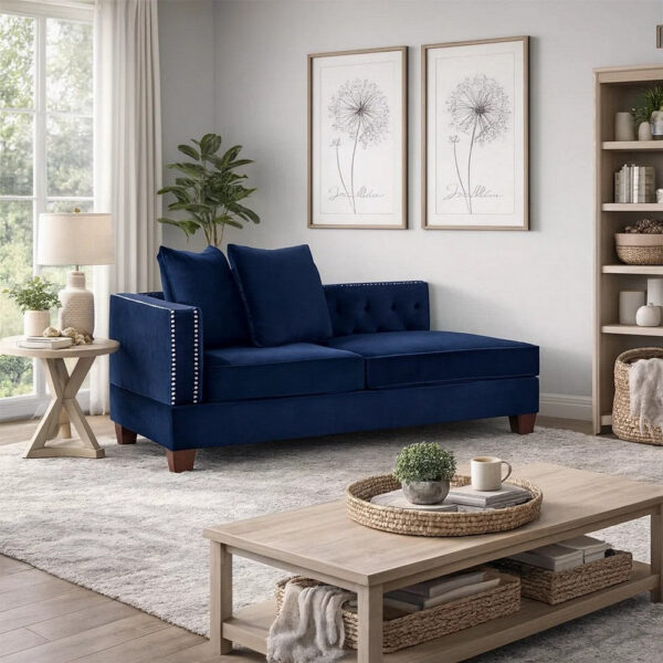 Mina 58 Inch One Arm Reversible Chaise, 2 Pillows, Nailhead Trim, Indigo