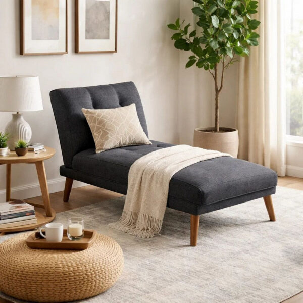 Dora 62 Inch Modern Adjustable Chaise Lounger with Channel Tufting, Black