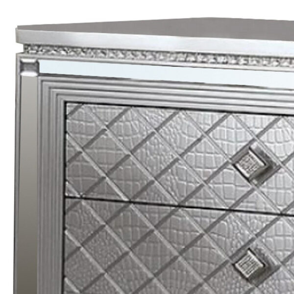 15022026699196bd5b7c6.jpeg Blex 29 Inch Nightstand with 3 Drawers, Crossed Design, Silver Finish