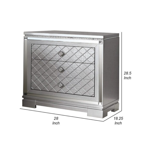 15022026699196c22c74e.jpeg Blex 29 Inch Nightstand with 3 Drawers, Crossed Design, Silver Finish