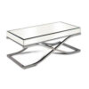Gavin 48 Inch Coffee Table, Mirrored Panels, Curved Crossed Frame, Chrome