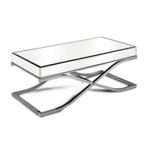 Gavin 48 Inch Coffee Table, Mirrored Panels, Curved Crossed Frame, Chrome