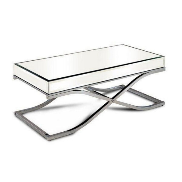 Gavin 48 Inch Coffee Table, Mirrored Panels, Curved Crossed Frame, Chrome