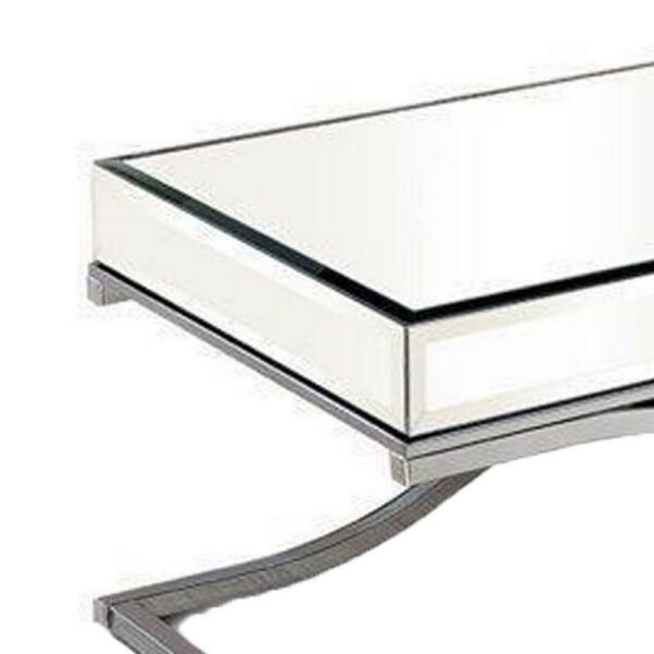 Gavin 48 Inch Coffee Table, Mirrored Panels, Curved Crossed Frame, Chrome