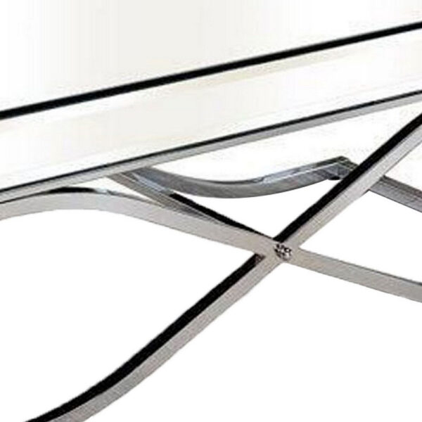 Gavin 48 Inch Coffee Table, Mirrored Panels, Curved Crossed Frame, Chrome