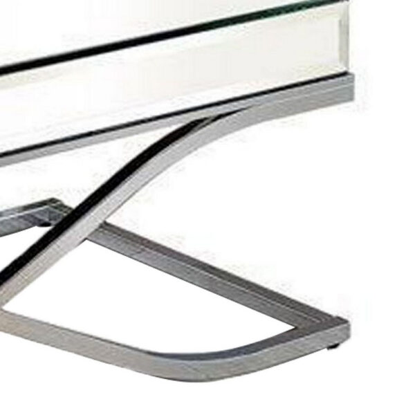 Gavin 48 Inch Coffee Table, Mirrored Panels, Curved Crossed Frame, Chrome