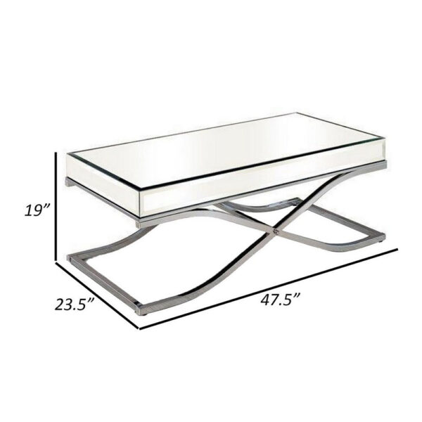 Gavin 48 Inch Coffee Table, Mirrored Panels, Curved Crossed Frame, Chrome