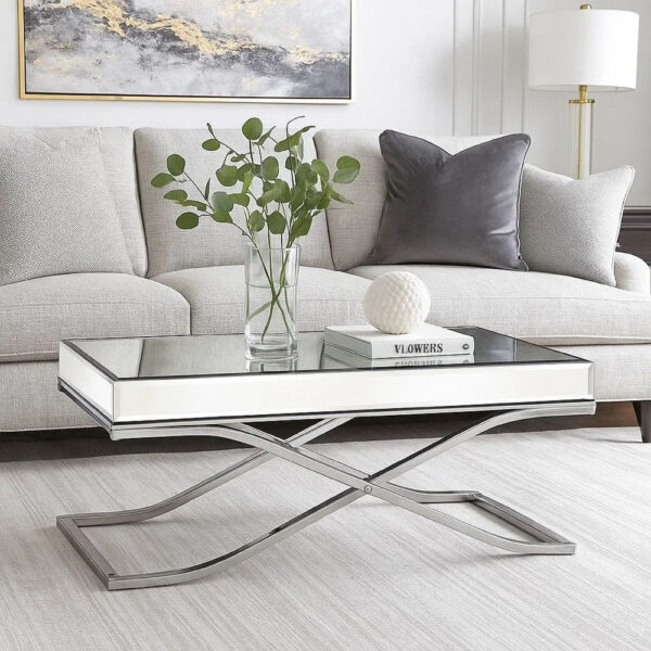 Gavin 48 Inch Coffee Table, Mirrored Panels, Curved Crossed Frame, Chrome