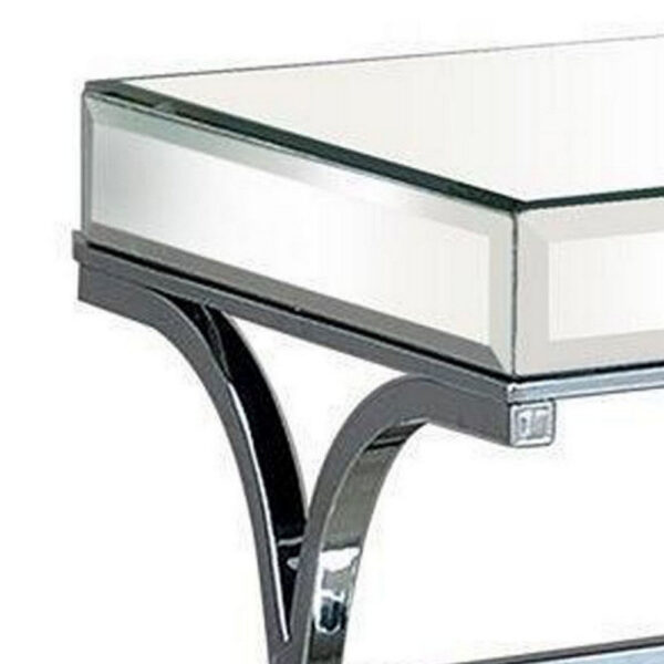 Gavin 24 Inch Side End Table, Mirrored Panels, Curved Crossed Base, Chrome