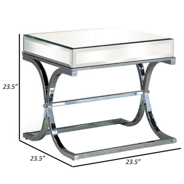 Gavin 24 Inch Side End Table, Mirrored Panels, Curved Crossed Base, Chrome
