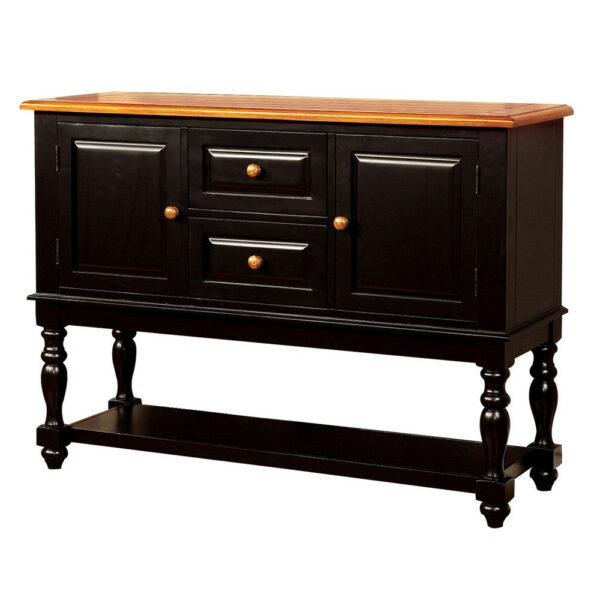 Fritz 52 Inch Server, 2 Cabinets, 2 Drawers, Black, Oak Brown, Turned Legs