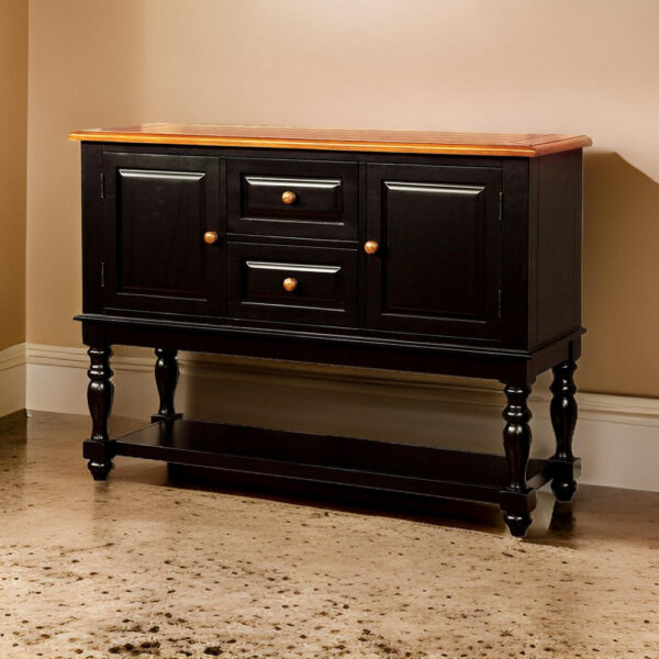 Fritz 52 Inch Server, 2 Cabinets, 2 Drawers, Black, Oak Brown, Turned Legs
