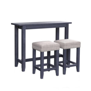 Eala 3 Piece Counter Height Table and Stool Set, Blue Wood, Gray Fabric
