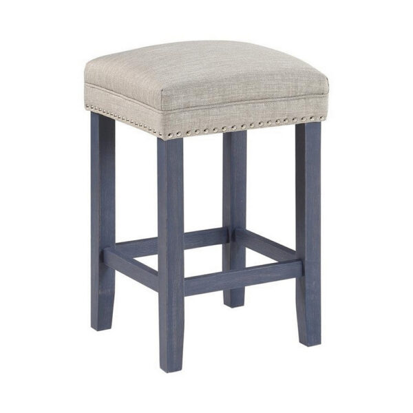 Eala 3 Piece Counter Height Table and Stool Set, Blue Wood, Gray Fabric