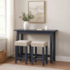 Eala 3 Piece Counter Height Table and Stool Set, Blue Wood, Gray Fabric