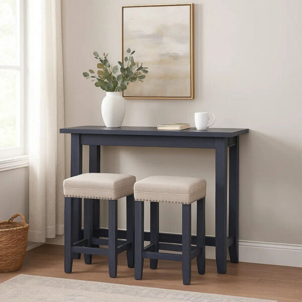 Eala 3 Piece Counter Height Table and Stool Set, Blue Wood, Gray Fabric