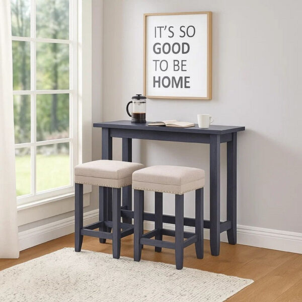 Eala 3 Piece Counter Height Table and Stool Set, Blue Wood, Gray Fabric