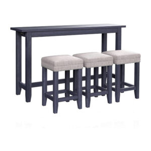 Eala 4 Piece Counter Height Table and Stool Set, Blue Wood, Gray Fabric