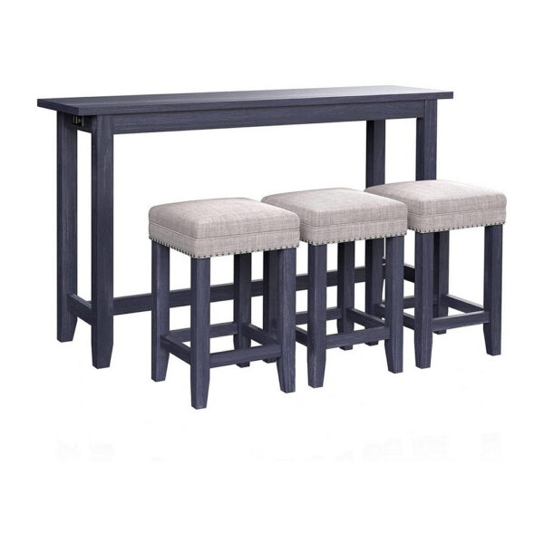 Eala 4 Piece Counter Height Table and Stool Set, Blue Wood, Gray Fabric