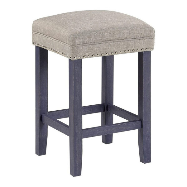 Eala 4 Piece Counter Height Table and Stool Set, Blue Wood, Gray Fabric