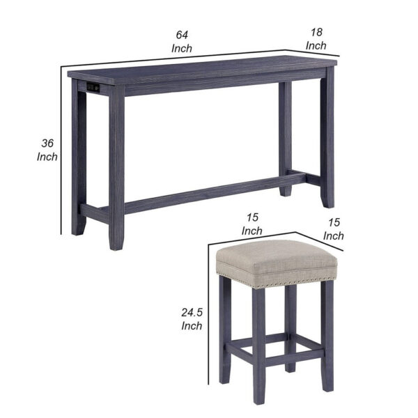 Eala 4 Piece Counter Height Table and Stool Set, Blue Wood, Gray Fabric