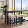 Eala 4 Piece Counter Height Table and Stool Set, Blue Wood, Gray Fabric