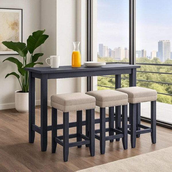 Eala 4 Piece Counter Height Table and Stool Set, Blue Wood, Gray Fabric